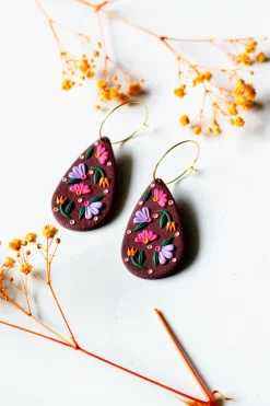 Hot SLOW DAY STUDIOS Burgundy Floral Teardrop Hoop Earrings