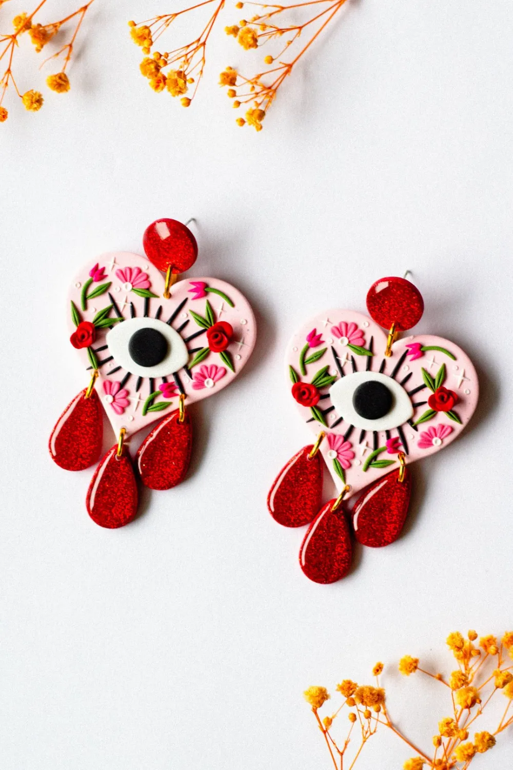 New SLOW DAY STUDIOS Heart and Evil Eye Earrings - Red Glitter
