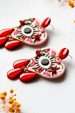 New SLOW DAY STUDIOS Heart and Evil Eye Earrings - Red Glitter