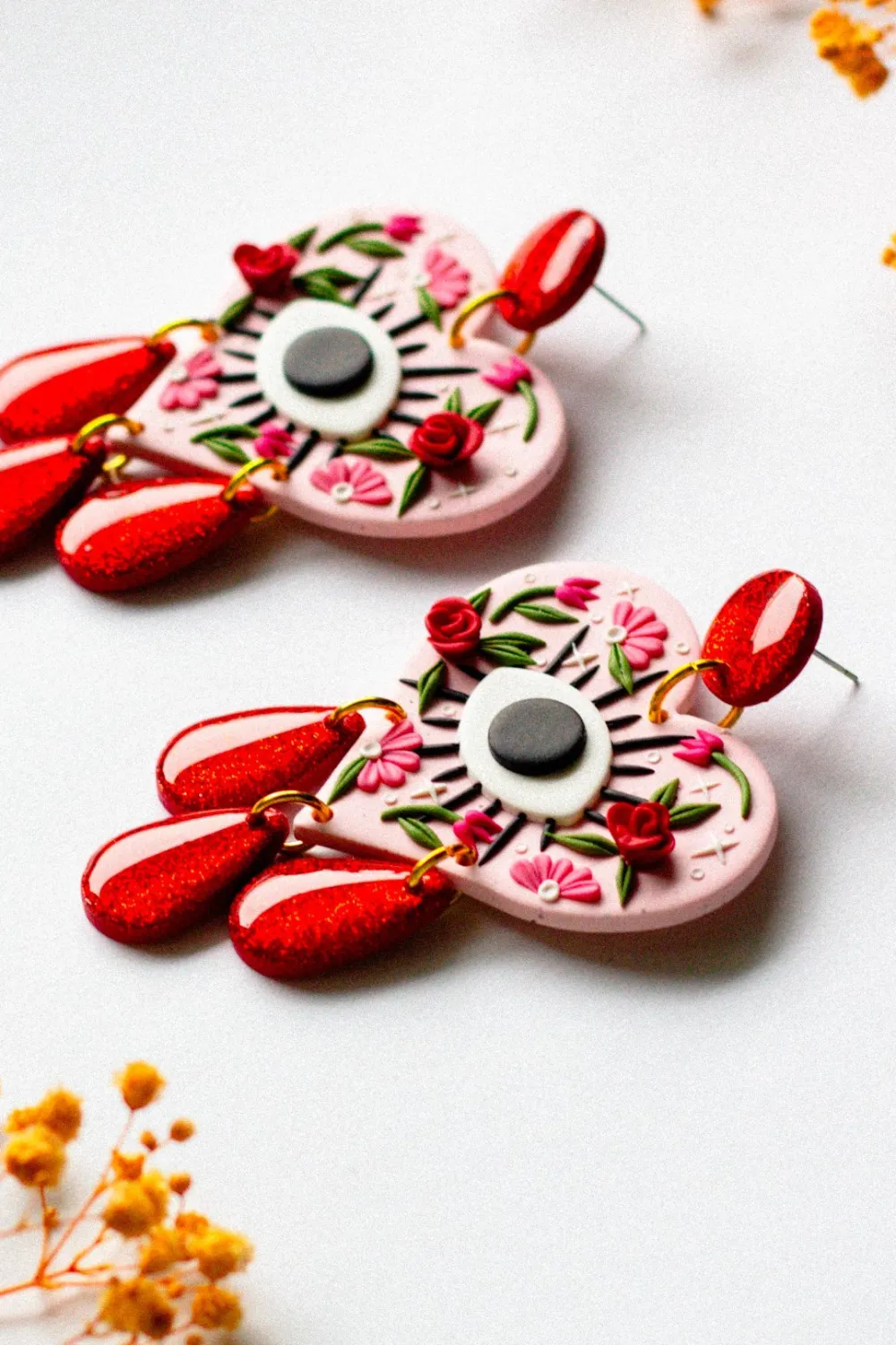 New SLOW DAY STUDIOS Heart and Evil Eye Earrings - Red Glitter